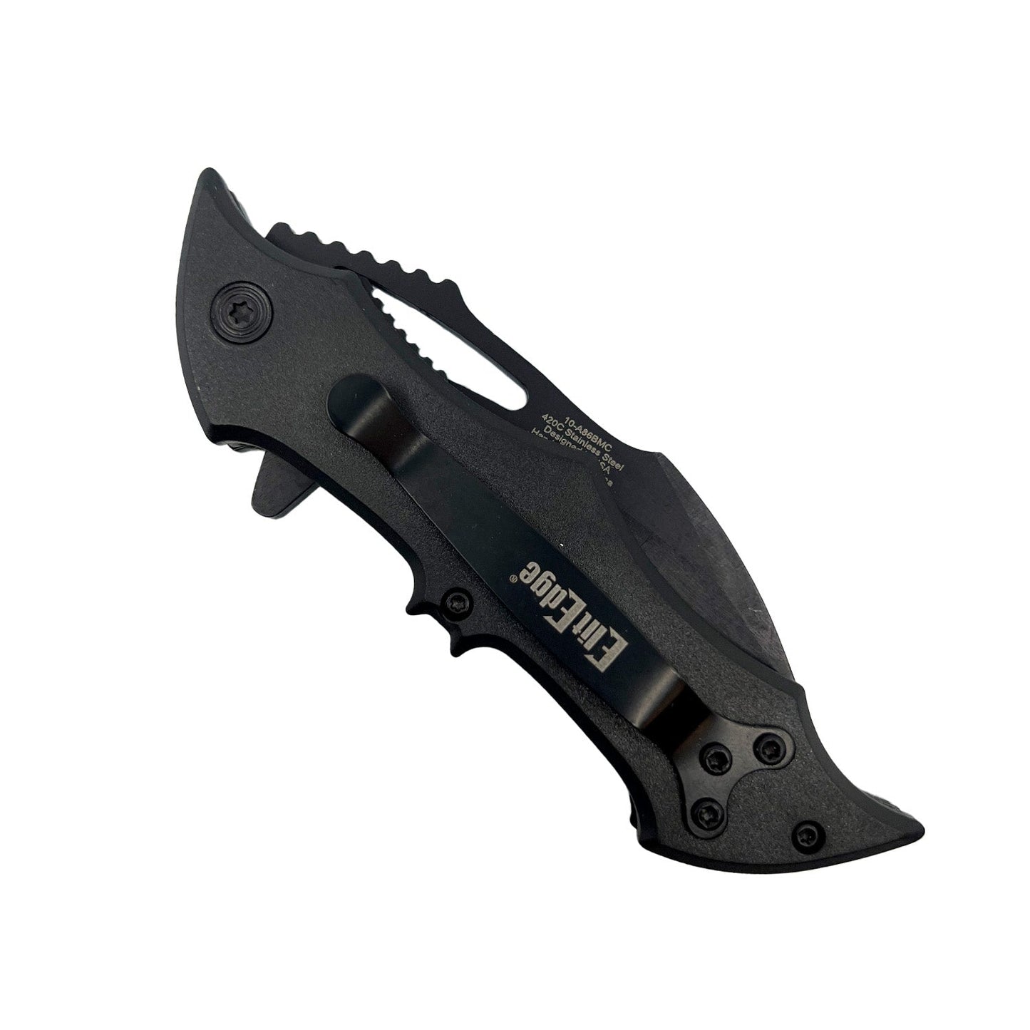Spring Assisted Bat Knife with ABS Handle – folding knife featuring a 3.75" black stainless steel blade, spring-assisted opening, and a 5" black bat-shaped ABS handle with pocket clip, in white background.