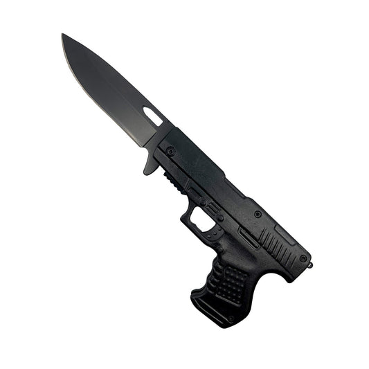 Spring Assisted Gun Knife – folding knife featuring a pistol-shaped handle and spring-assisted opening mechanism, combining novelty design with everyday utility, in white background.