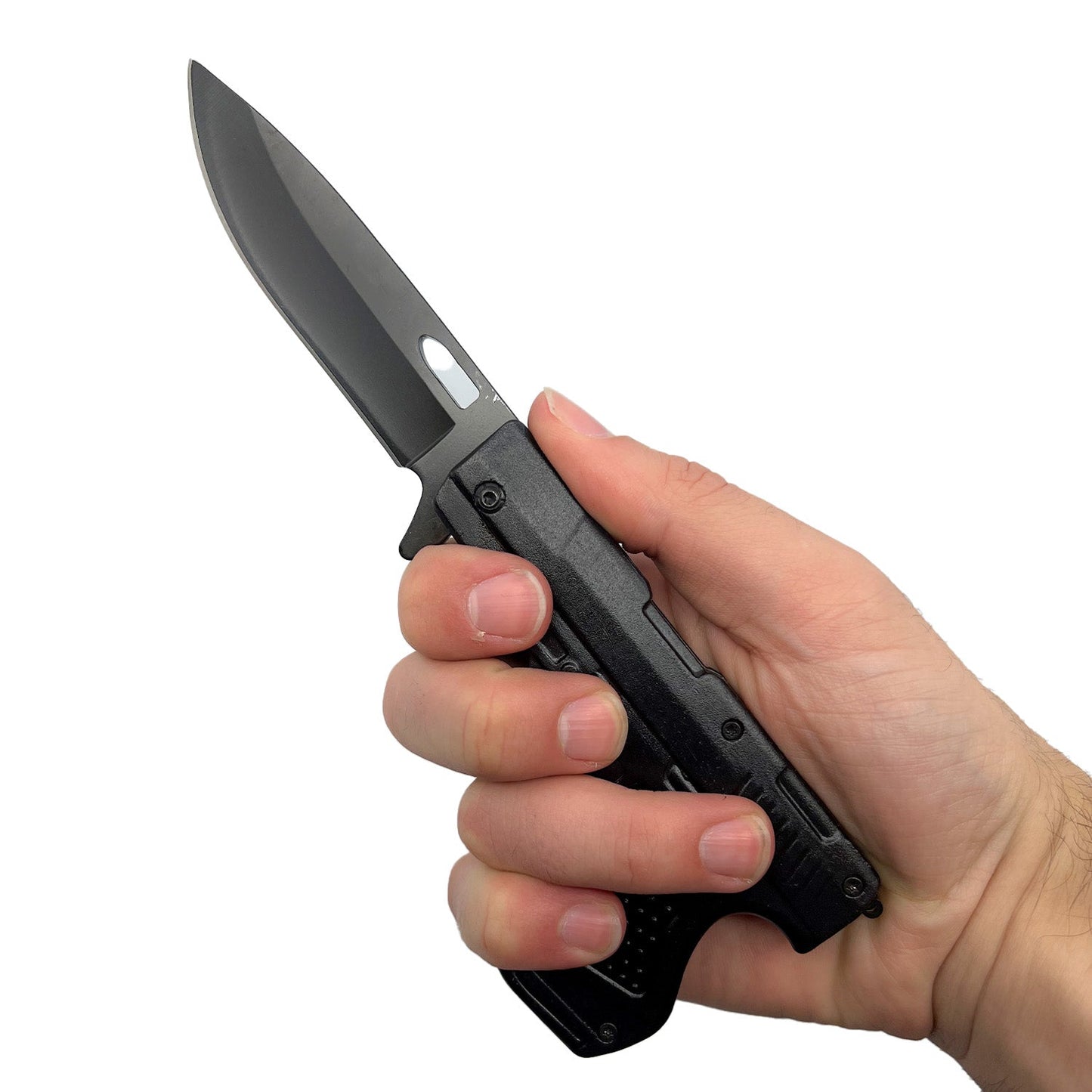 Someone holding Spring Assisted Gun Knife – folding knife featuring a pistol-shaped handle and spring-assisted opening mechanism, combining novelty design with everyday utility, in white background.