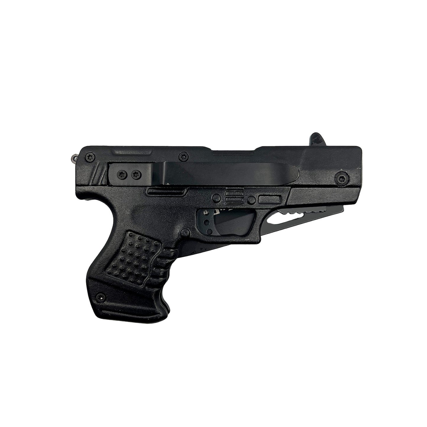 Spring Assisted Gun Knife – folding knife featuring a pistol-shaped handle and spring-assisted opening mechanism, combining novelty design with everyday utility, in white background.