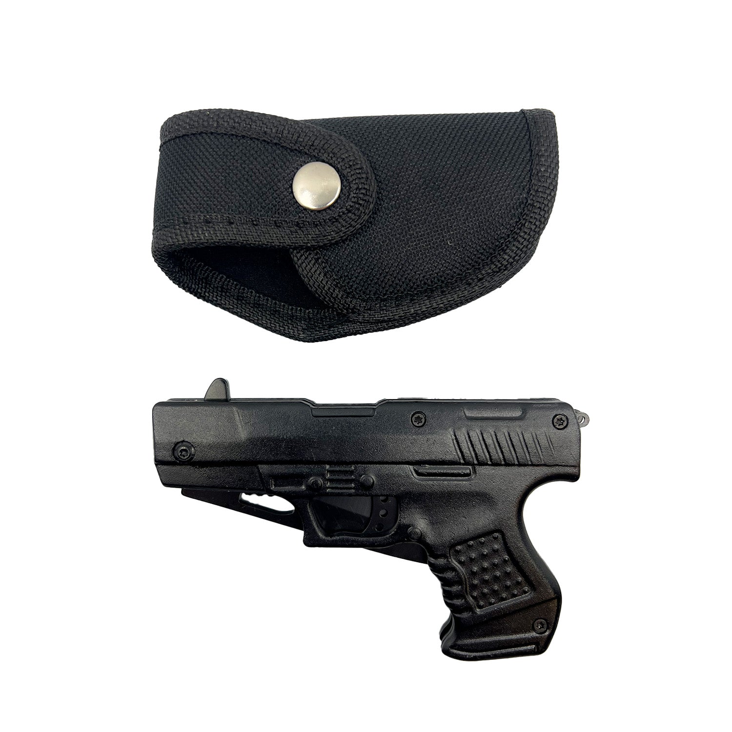 Spring Assisted Gun Knife – folding knife featuring a pistol-shaped handle and spring-assisted opening mechanism, combining novelty design with everyday utility, in white background.