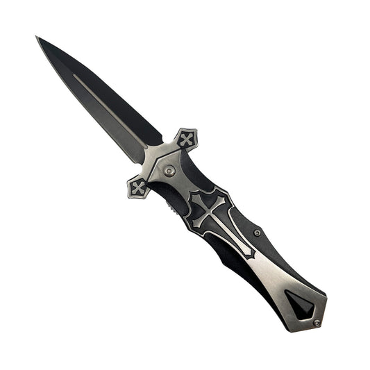 Spring Assisted Knight Knife – folding knife featuring a 3.5" stainless steel blade, spring-assisted opening, and a 5" aluminum handle with knight-themed artwork and pocket clip, in white background.