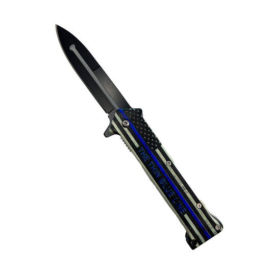 Stiletto Spring Assisted Steel Folding Knife – classic-style folding knife featuring a slender stainless steel blade, spring-assisted opening mechanism, and a sleek handle design for everyday carry and collection, in white background.
