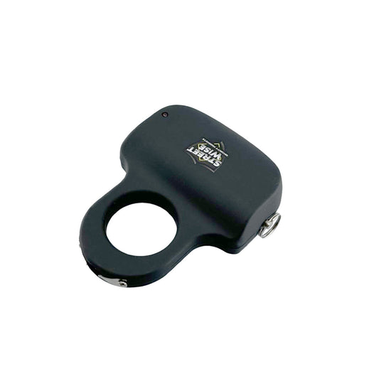 Sting Ring 18,000,000 Stun Gun with Key Chain – compact self-defense device worn like a ring, delivering an 18 million volt output, with built-in keychain attachment for convenient carry and quick access, in white background.