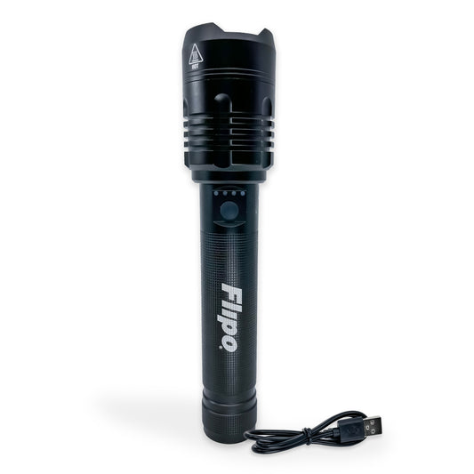 Stinger™ Tactical Lumen Rechargeable Flashlight – durable aircraft-grade aluminum flashlight offering high lumen output (up to 6000 lm) and USB charging, with an ergonomic grip and water-resistant design for tactical and outdoor use, in white background.