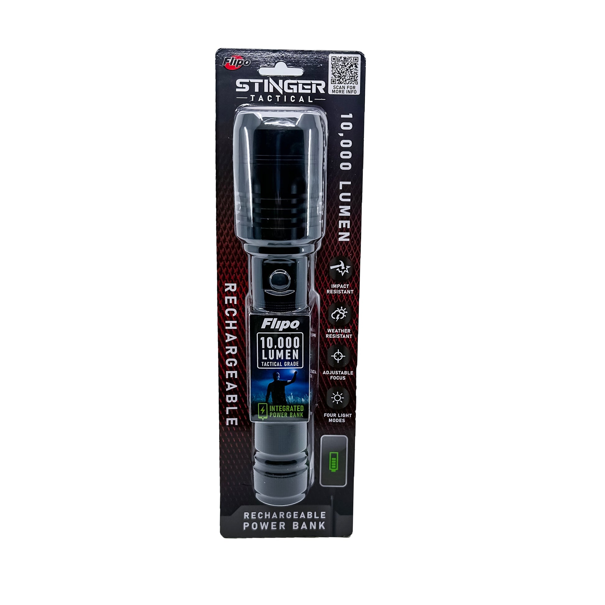Package for Stinger™ Tactical Lumen Rechargeable Flashlight – durable aircraft-grade aluminum flashlight offering high lumen output (up to 6000 lm) and USB charging, with an ergonomic grip and water-resistant design for tactical and outdoor use, in white background.
