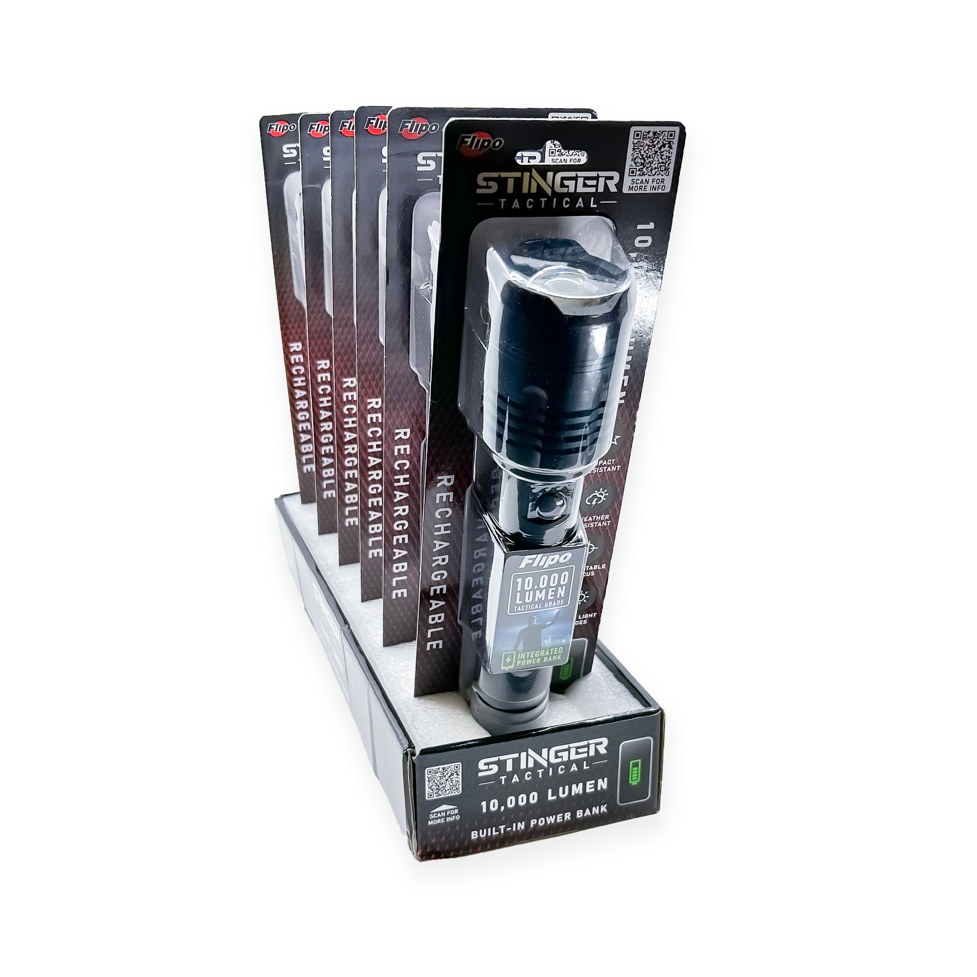 Packages of Stinger™ Tactical Lumen Rechargeable Flashlight – durable aircraft-grade aluminum flashlight offering high lumen output (up to 6000 lm) and USB charging, with an ergonomic grip and water-resistant design for tactical and outdoor use, in white background. 