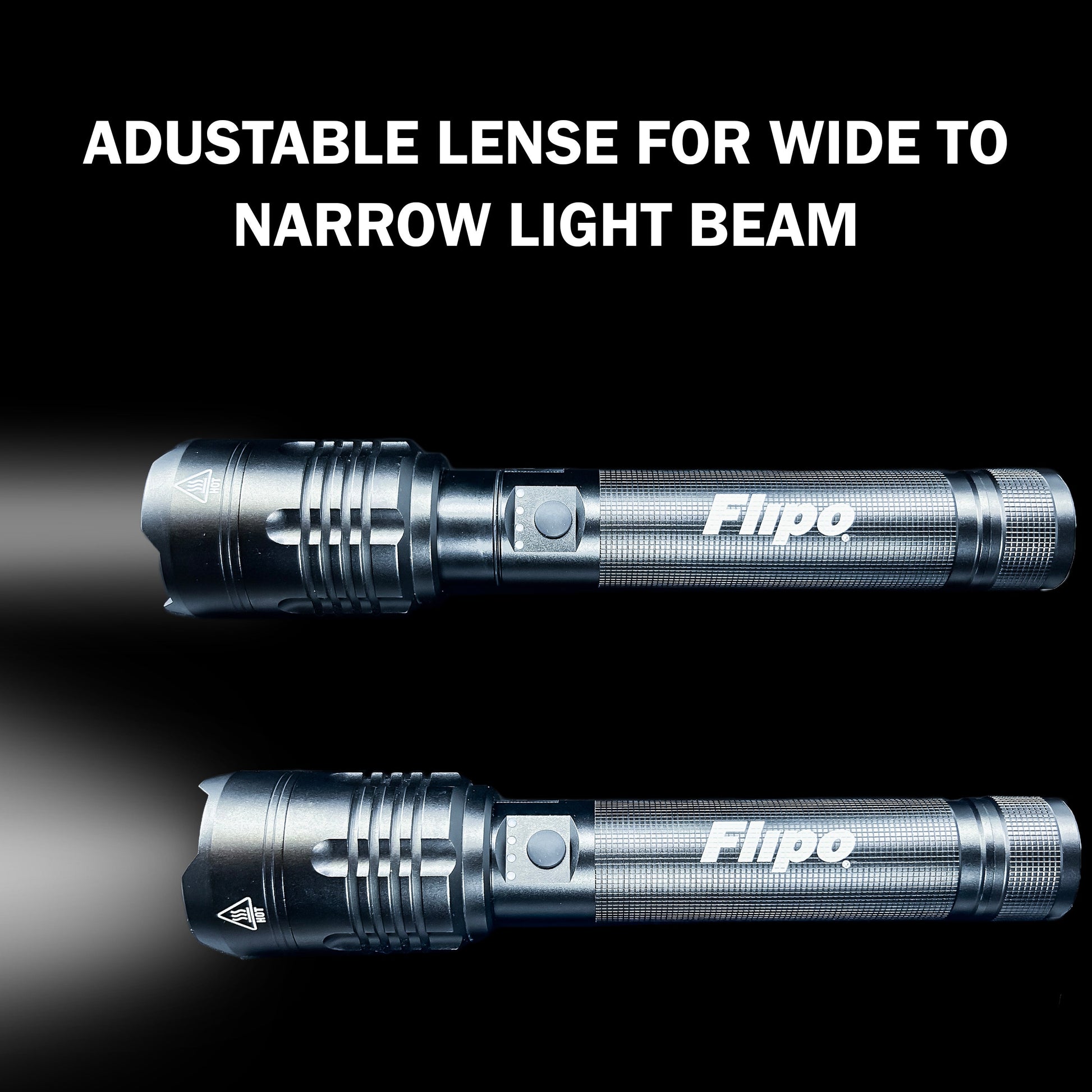 Features of Stinger™ Tactical Lumen Rechargeable Flashlight – durable aircraft-grade aluminum flashlight offering high lumen output (up to 6000 lm) and USB charging, with an ergonomic grip and water-resistant design for tactical and outdoor use., in dark background.