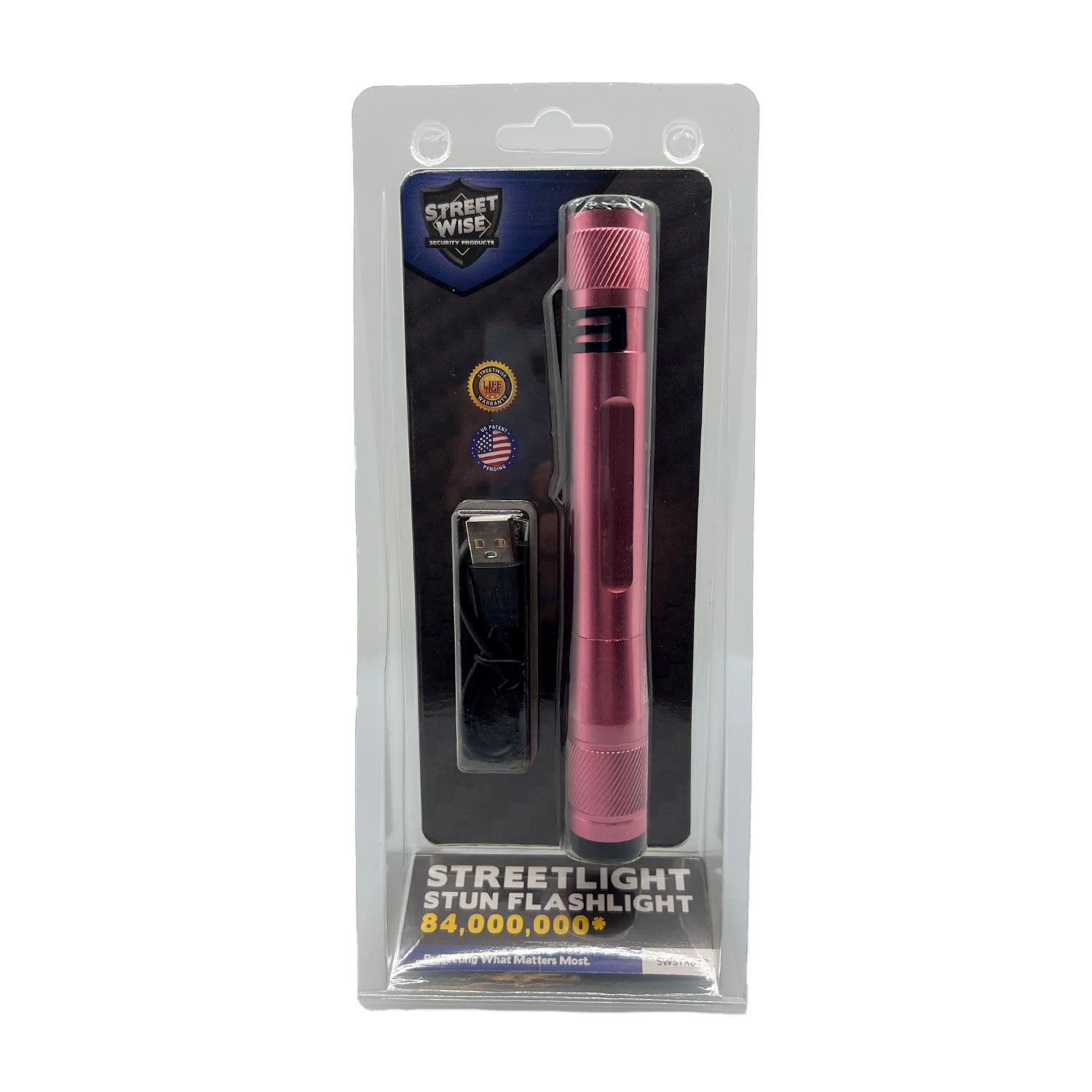 Package for Streetlight Stun Gun 84,000,000 – high-voltage stun gun disguised as a streetlight-style flashlight, combining powerful self-defense capability with practical illumination for everyday protection, in white background.
