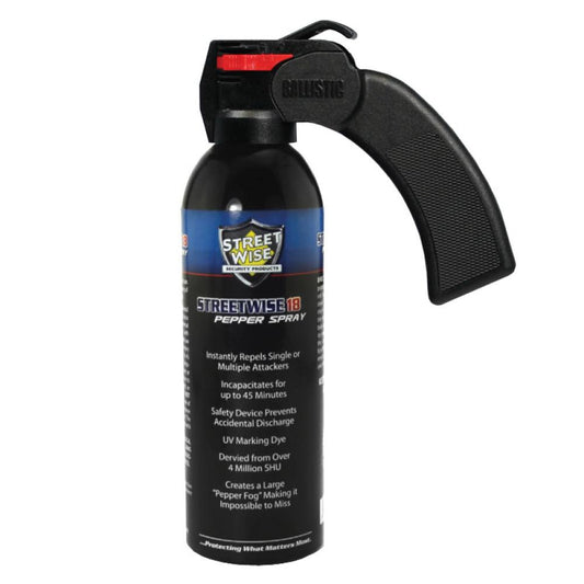 Streetwise 18 Pepper Spray 16 oz Pistol Grip for wide-area self-defense on white background.