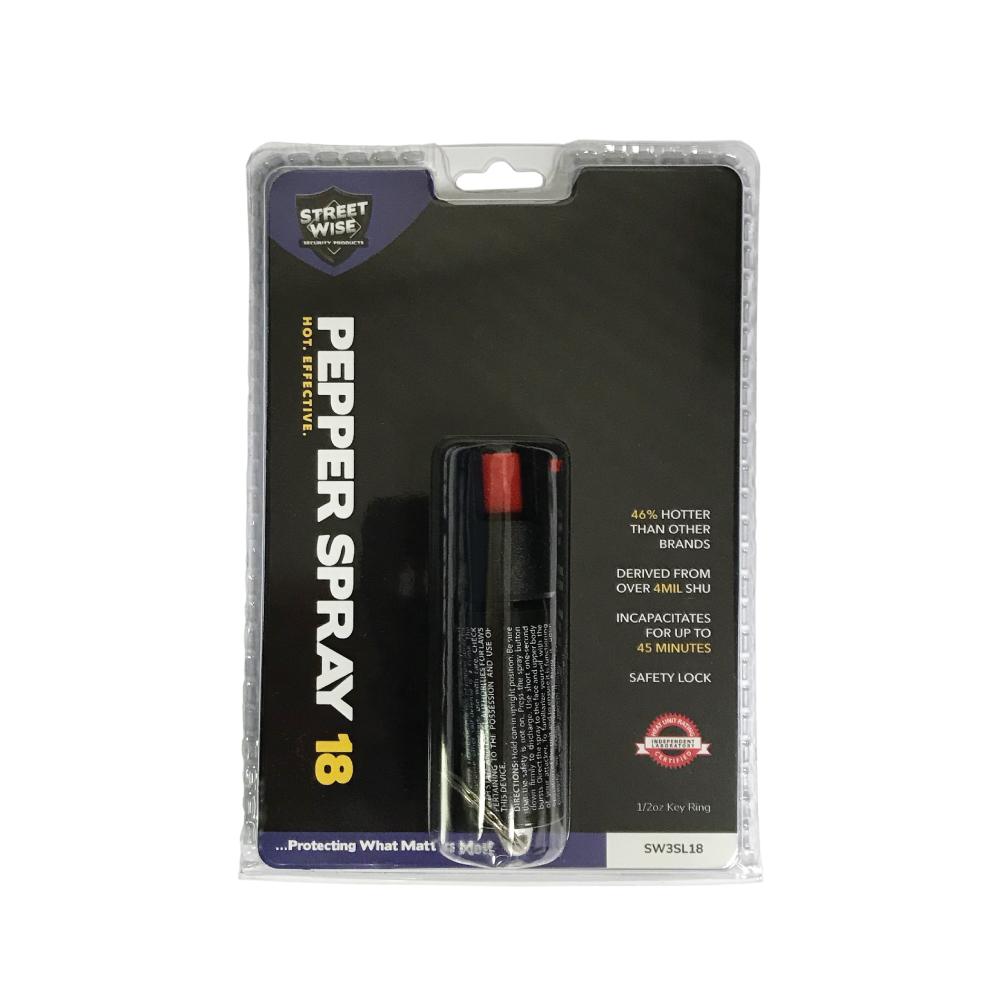 Streetwise 18 Pepper Spray 0.5 oz Safety Lock for personal defense, compact and easy to carry.