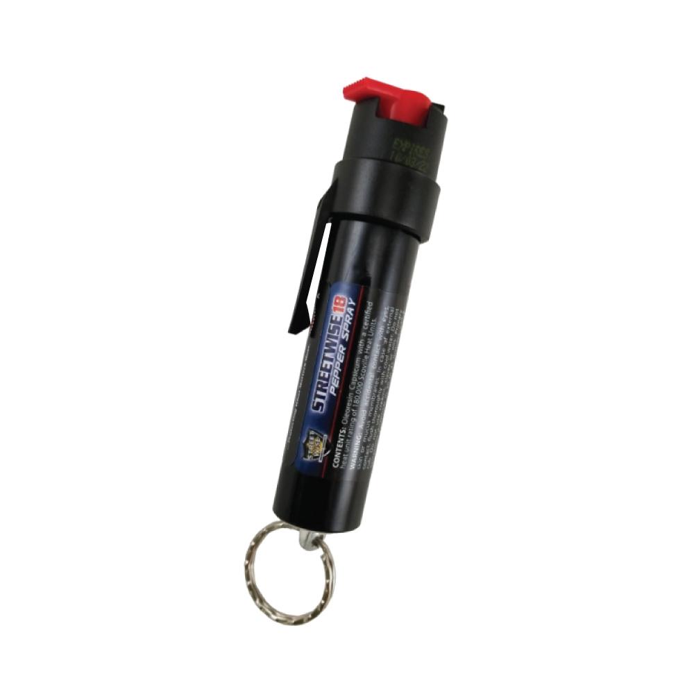 Streetwise 18 Pepper Spray 0.75 oz Keyring & Clip - compact self-defense spray on white background.
