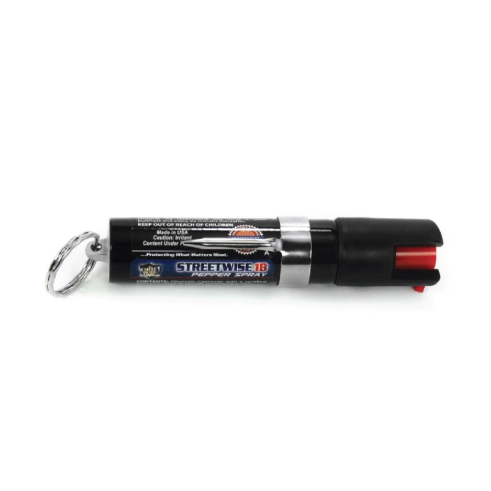 Streetwise 18 Pepper Spray 0.75 oz Keyring & Clip - compact self-defense spray on white background.