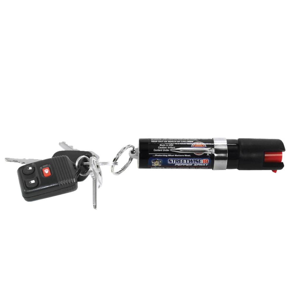 Streetwise 18 Pepper Spray 0.75 oz Keyring & Clip - compact self-defense spray on white background.