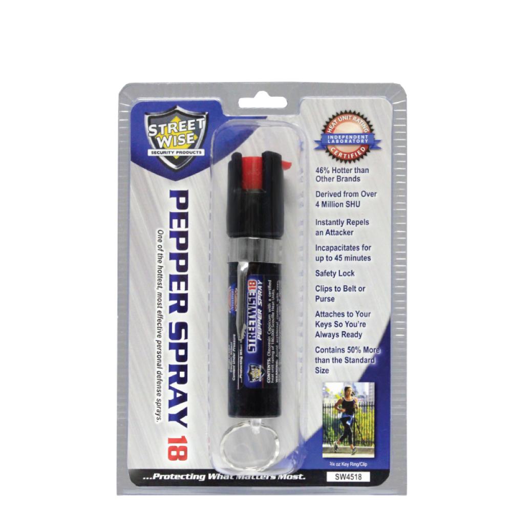 Streetwise 18 Pepper Spray 0.75 oz Keyring & Clip - compact self-defense spray on white background.
