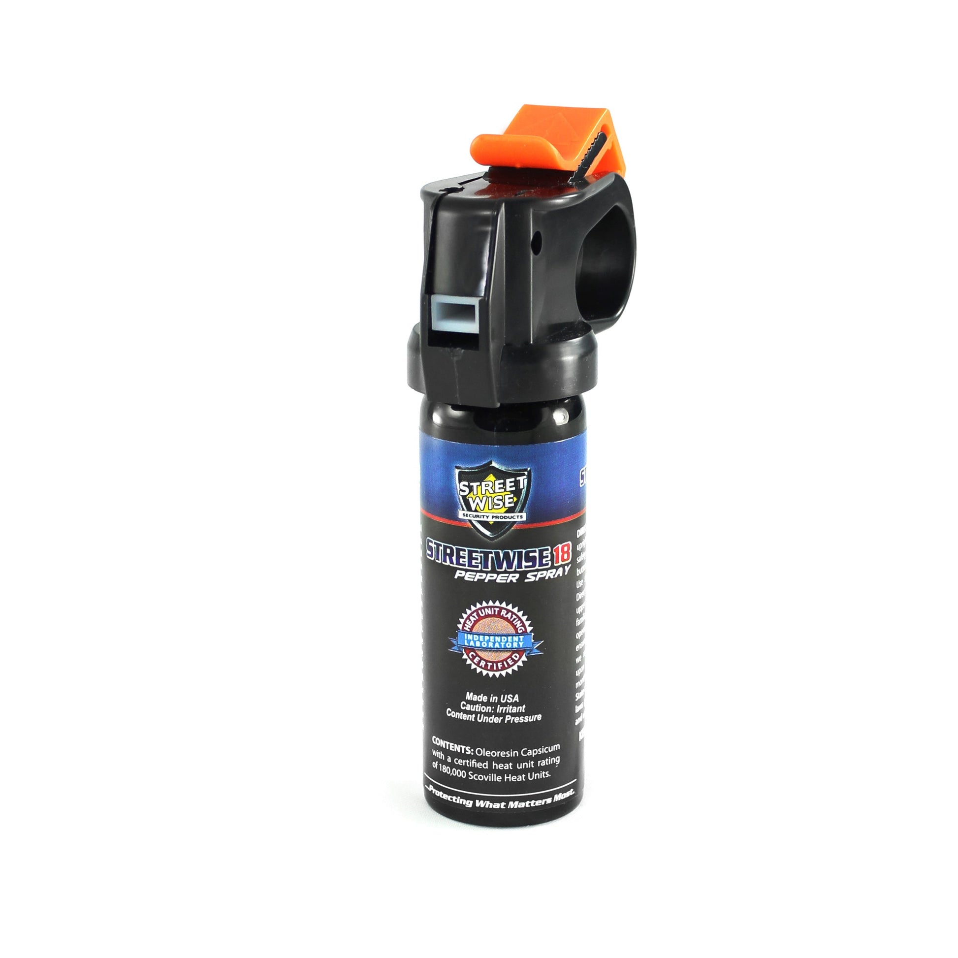Close-up of Streetwise 18 fogger pepper spray fire master placed on a white background.