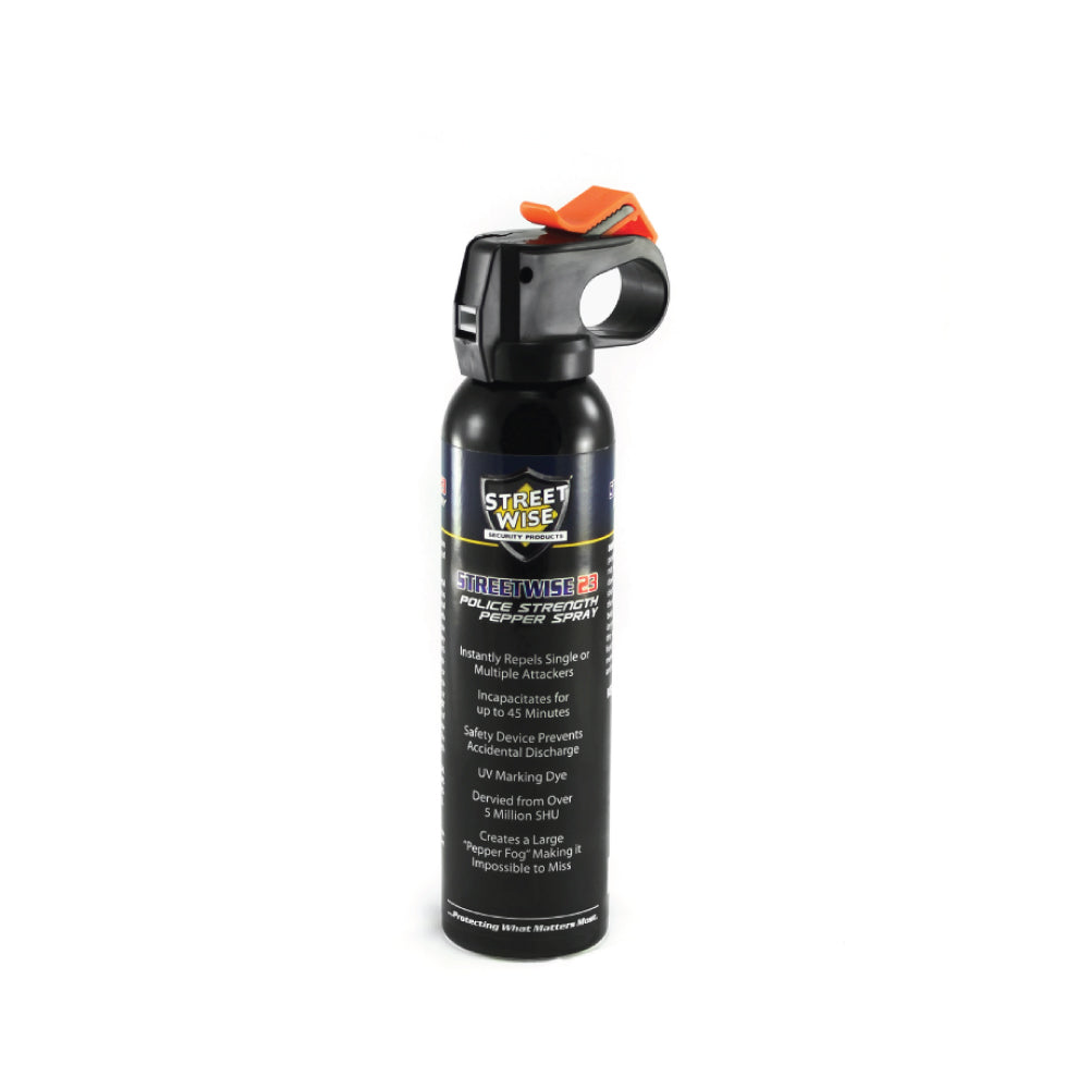Close-up of Streetwise 18 fogger pepper spray fire master placed on a white background.