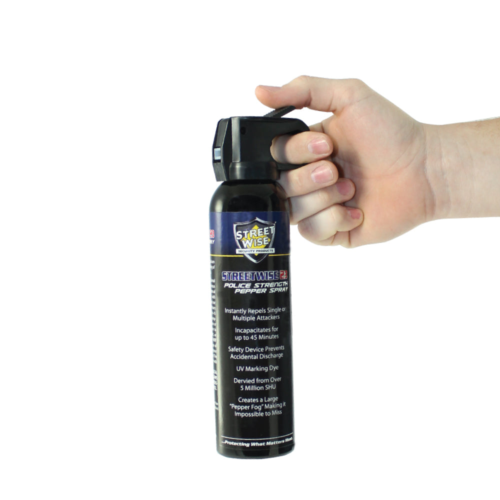 Close-up of Streetwise 18 fogger pepper spray fire master placed on a white background.