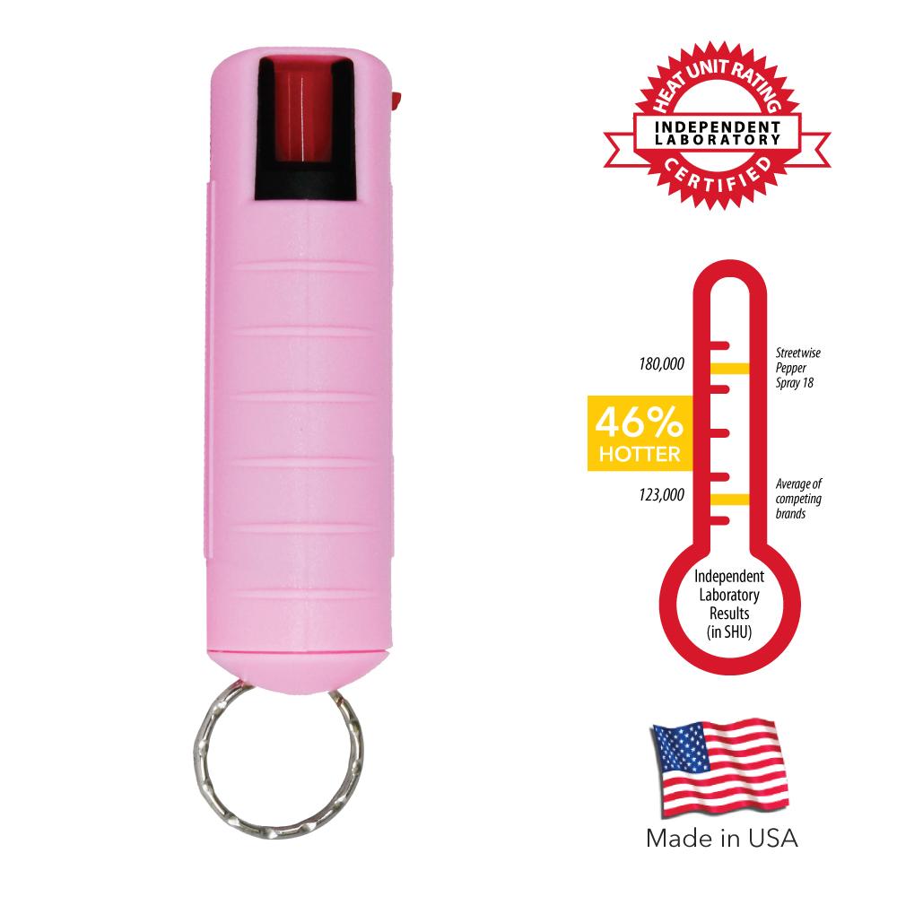 Streetwise 18 Stream Pepper Spray in 0.5oz Hard Case - compact personal defense spray with safety lock, in white background.