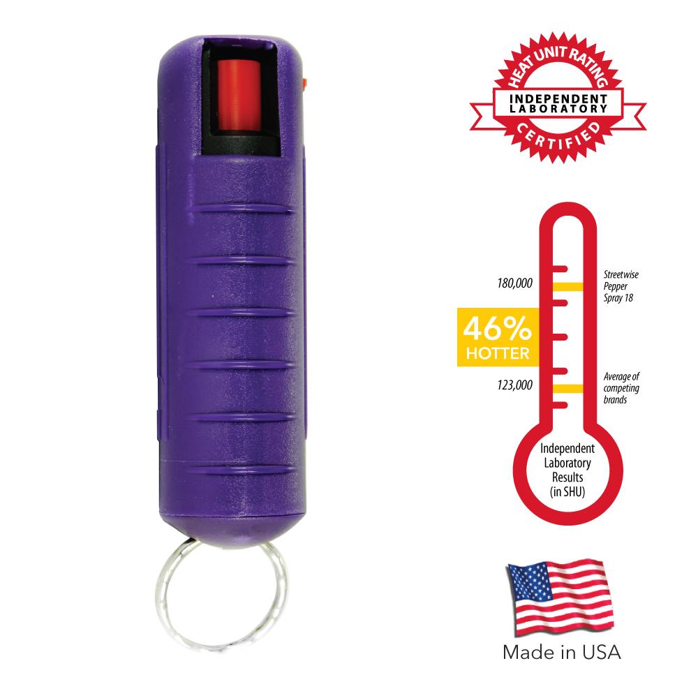 Streetwise 18 Stream Pepper Spray in 0.5oz Hard Case - compact personal defense spray with safety lock, in white background.