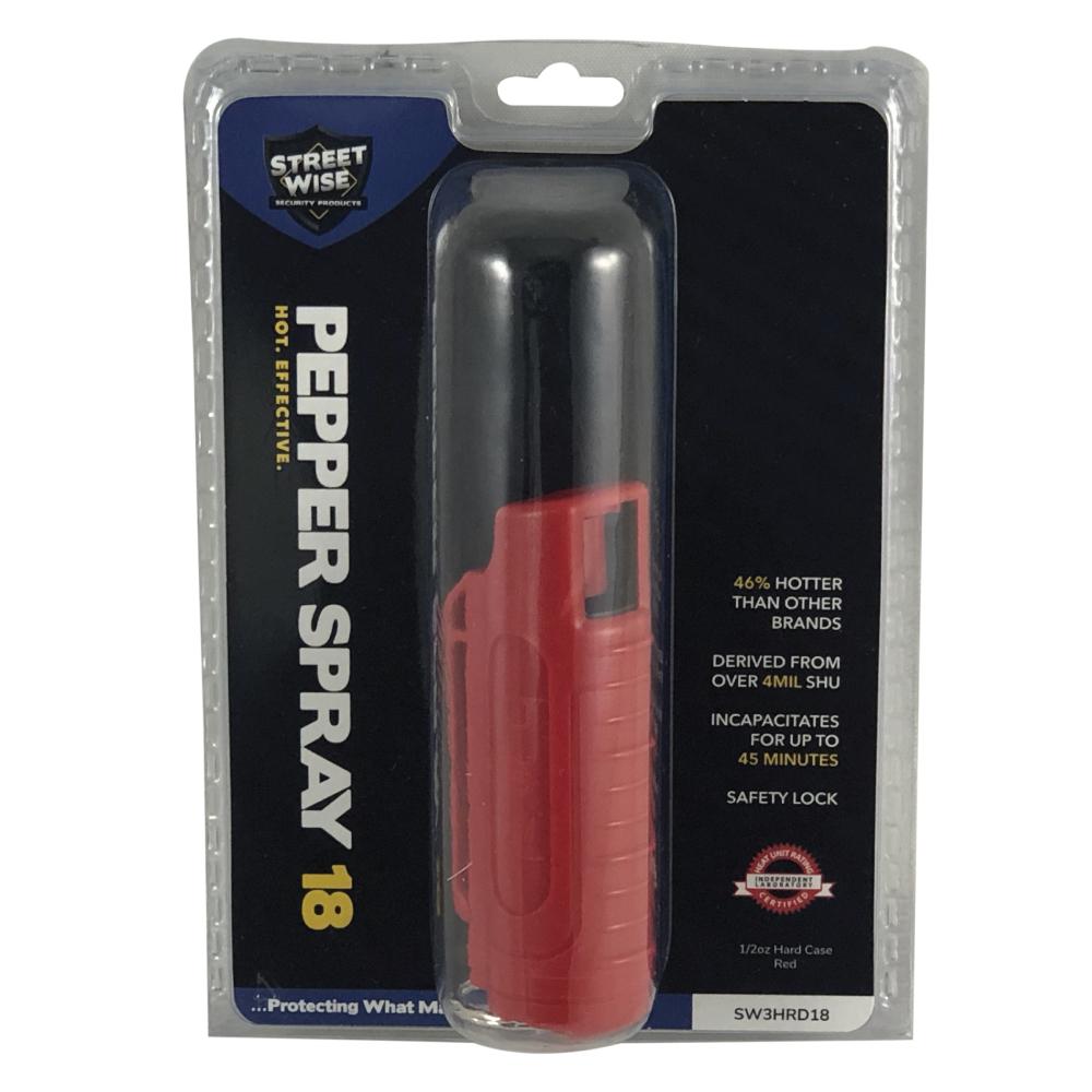 Streetwise 18 Stream Pepper Spray in 0.5oz Hard Case - compact personal defense spray with safety lock, in white background.