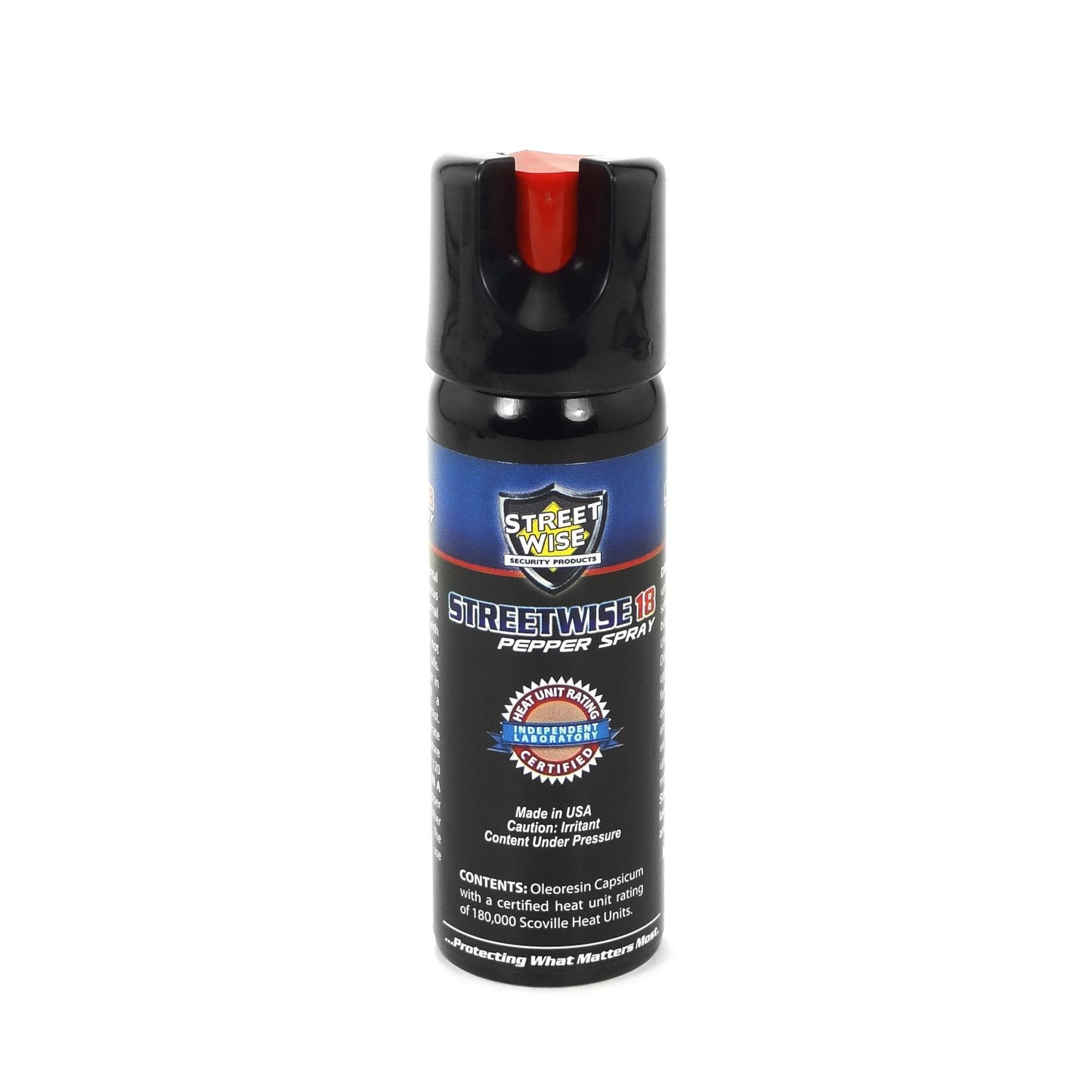 Streetwise 18 Stream Pepper Spray with Twist Lock Safety Cap on white background.