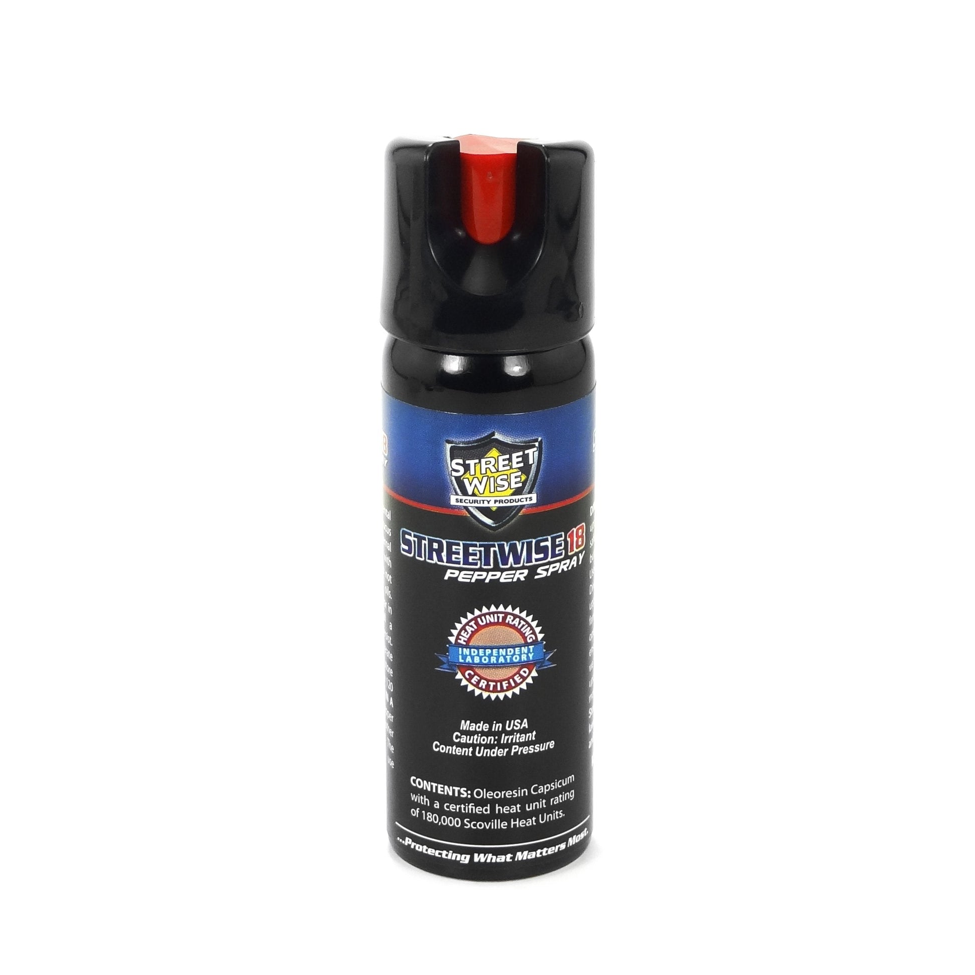 Streetwise 18 Stream Pepper Spray with Twist Lock Safety Cap on white background.