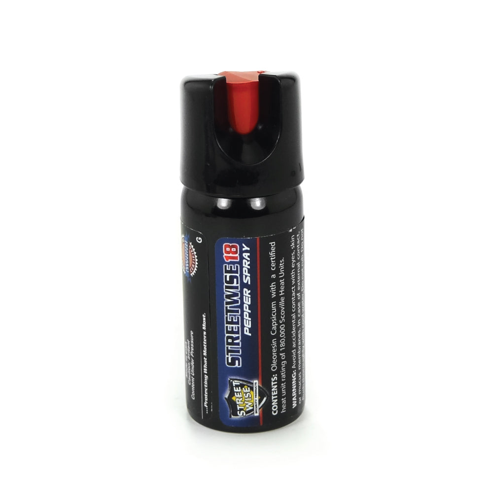Streetwise 18 Stream Pepper Spray with Twist Lock Safety Cap on white background.