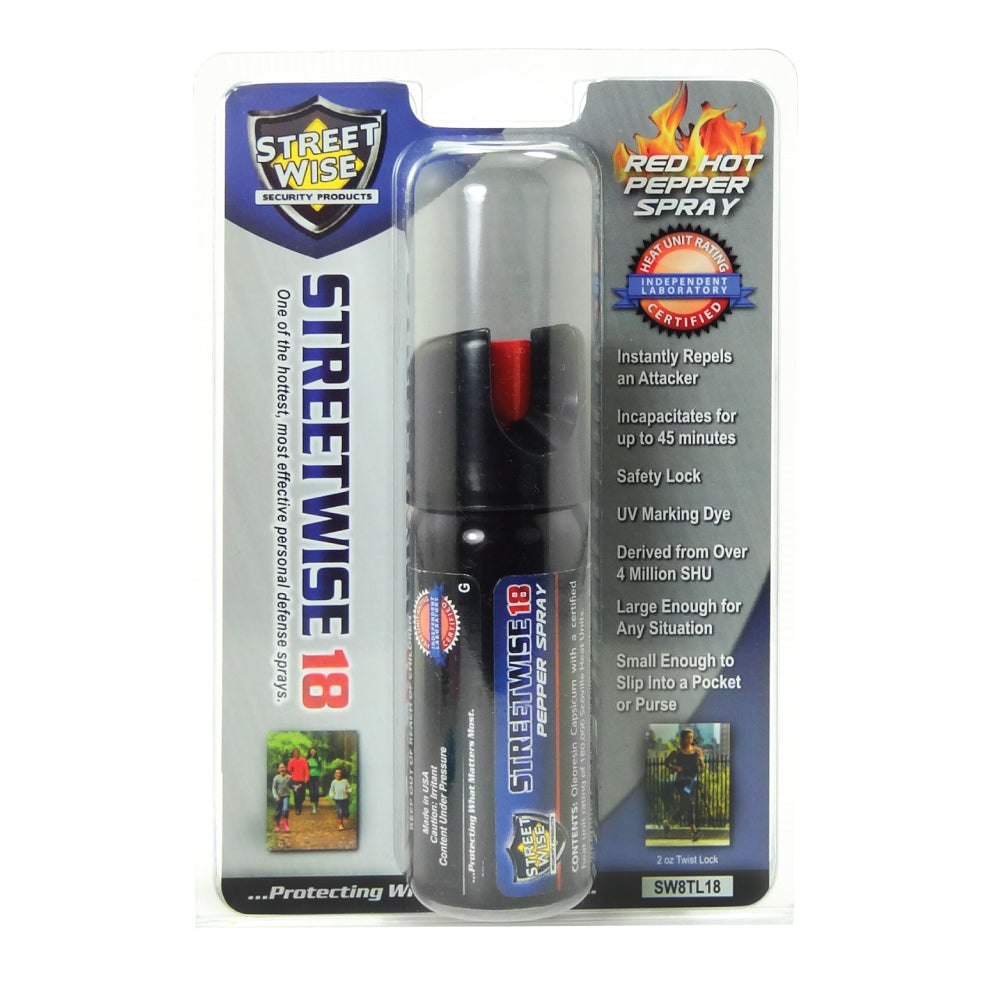 Streetwise 18 Stream Pepper Spray with Twist Lock Safety Cap on white background.