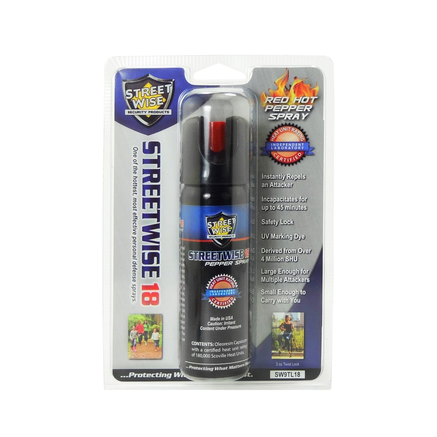 Streetwise 18 Stream Pepper Spray with Twist Lock Safety Cap on white background.