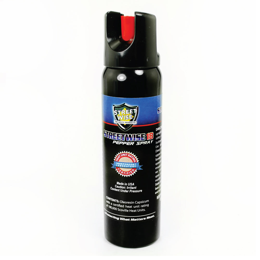 Streetwise 18 Stream Pepper Spray with Twist Lock Safety Cap on white background.