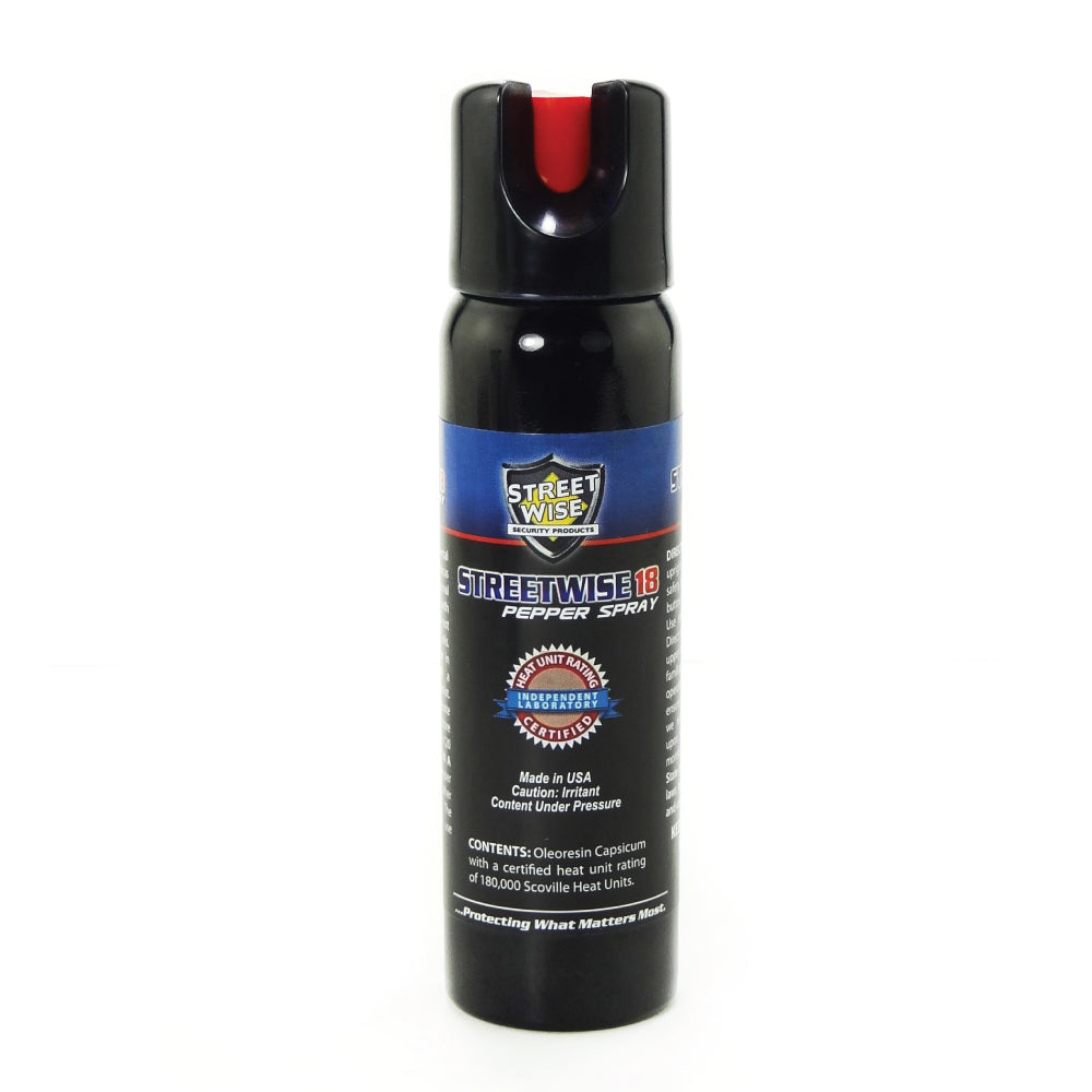 Streetwise 18 Stream Pepper Spray with Twist Lock Safety Cap on white background.