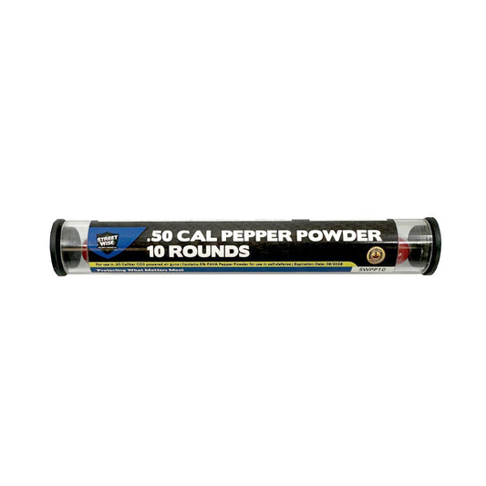 Streetwise .50 Cal 5 % PAVA Pepper Ball 10‑Pack – non‑lethal projectiles delivering a potent 6-foot pepper cloud upon impact, featuring 5 % PAVA formula, for use in the Streetwise Heat .50 Cal Pepper Launcher, in white background.
