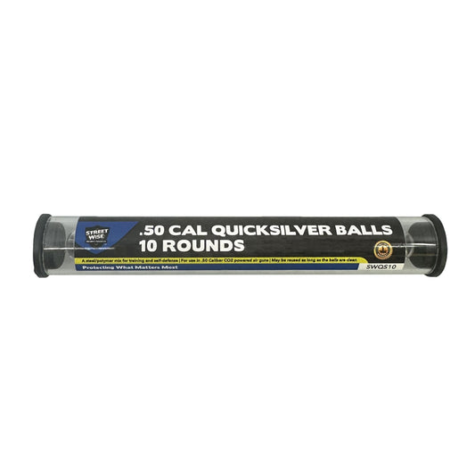 Streetwise .50 Cal Quicksilver Balls (10‑pack) – metallic hybrid .50 cal ammunition featuring a 12 mm stainless steel core wrapped in clear ABS, designed for use with the Streetwise HEAT Pepper Launcher to improve accuracy, range, and impact, in white background.
