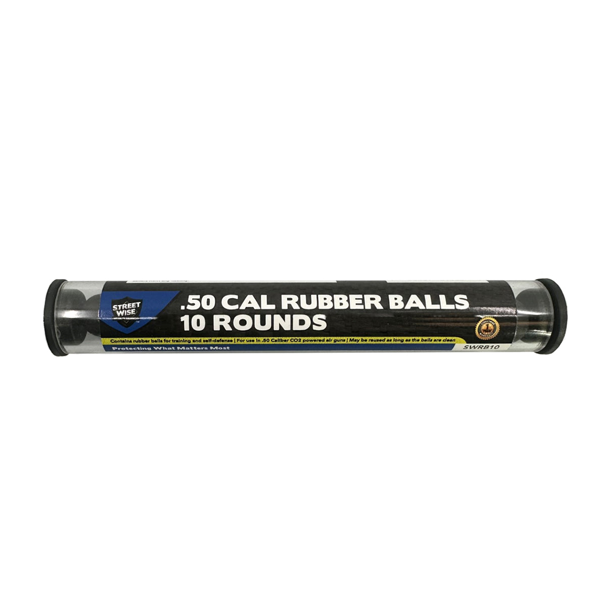 Streetwise .50 Cal Rubber Ball 10 Rounds – durable non‑lethal rubber projectiles designed for the Streetwise Heat .50 Cal Pepperball Launcher, sold in a pack of 10 for reliable training or defense, in white background.