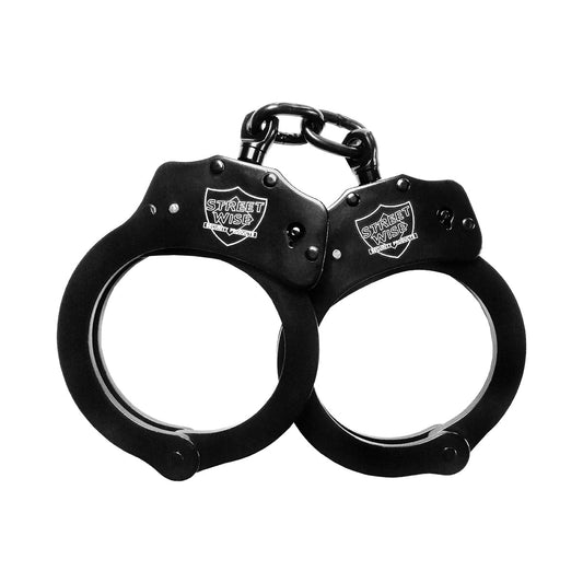 Streetwise Black Solid Steel Handcuffs – rugged nickel-plated solid steel, double-locking restraints with a push-pin mechanism to prevent overtightening, corrosion-resistant finish, includes a spare key for reliability and peace of mind, in white background.