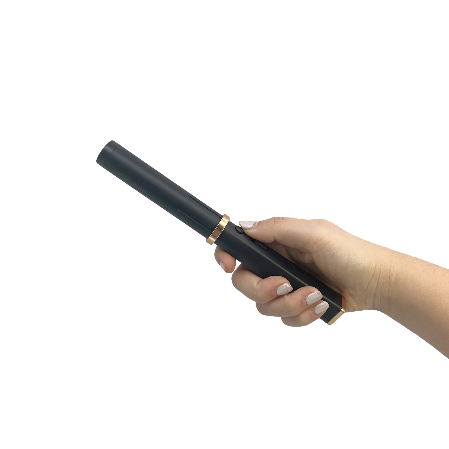 Someone holding Streetwise Hair Fryer Brush Stun Gun – disguises as a functional hairbrush with a washable, removable head; reveals a high-voltage rechargeable stun gun and LED flashlight, features a USB-C charge port, on/off safety switch, rubberized grip, battery-level indicator, and compact ergonomic size for discreet carry, in white background.