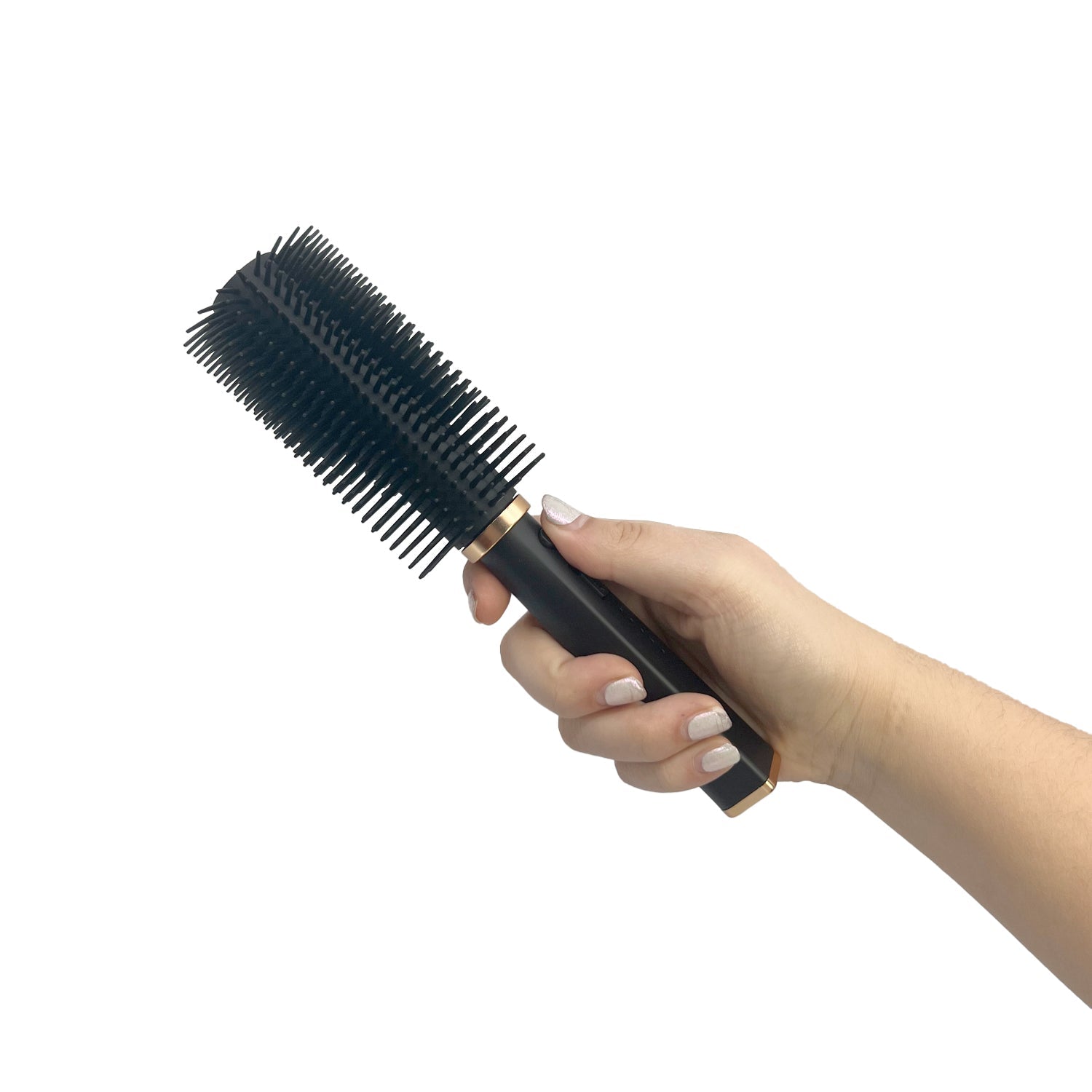 Someone holding Streetwise Hair Fryer Brush Stun Gun – disguises as a functional hairbrush with a washable, removable head; reveals a high-voltage rechargeable stun gun and LED flashlight, features a USB-C charge port, on/off safety switch, rubberized grip, battery-level indicator, and compact ergonomic size for discreet carry, in white background.