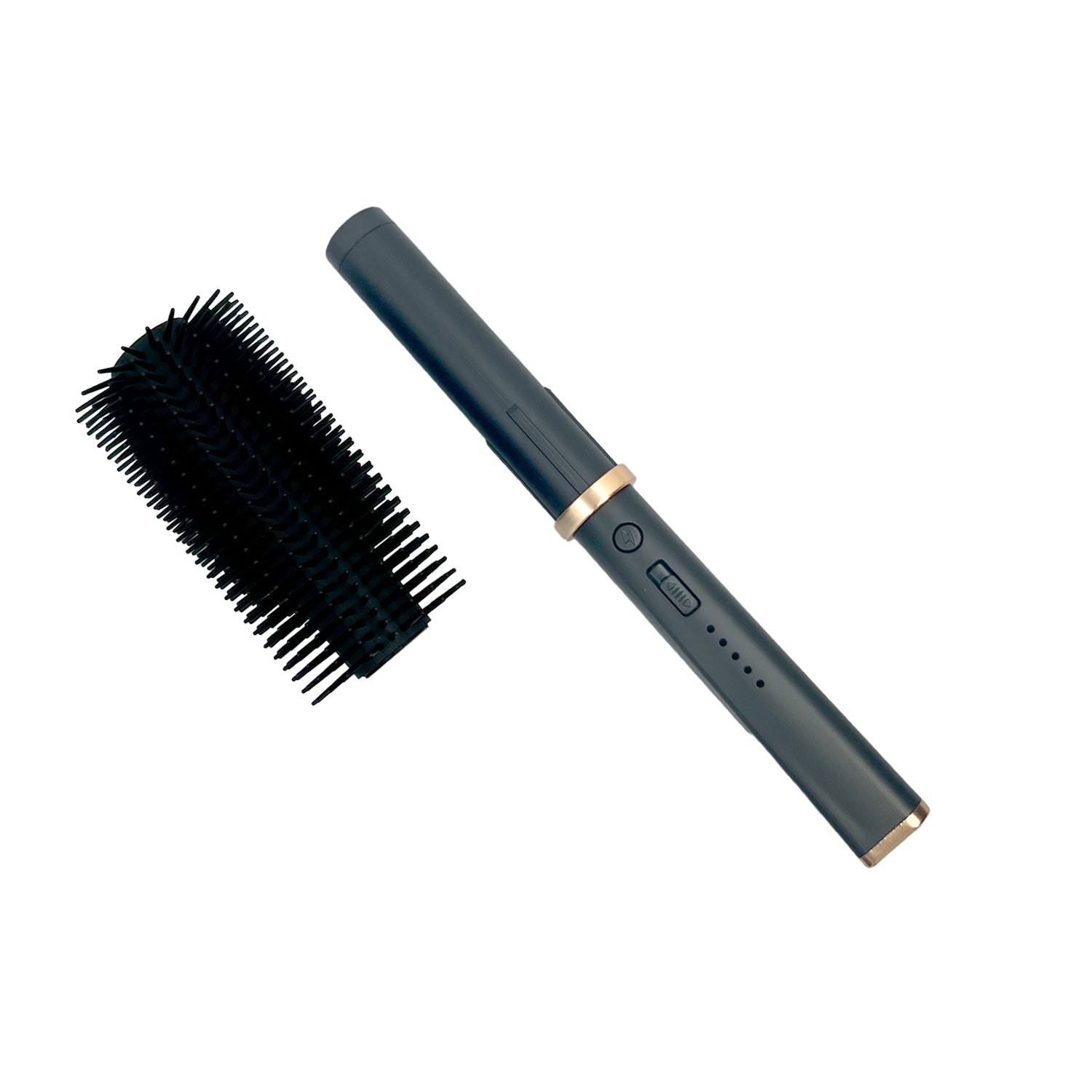 Streetwise Hair Fryer Brush Stun Gun – disguises as a functional hairbrush with a washable, removable head; reveals a high-voltage rechargeable stun gun and LED flashlight, features a USB-C charge port, on/off safety switch, rubberized grip, battery-level indicator, and compact ergonomic size for discreet carry, in white background.