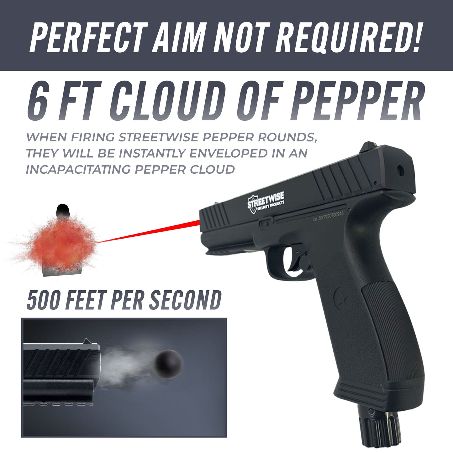 Features of Streetwise “The HEAT” Pepper Launcher – semi-automatic .50 caliber pepper ball and projectile launcher powered by a 12g CO₂ cartridge; holds six rounds and fires pepper or rubber balls at nearly 500 ft/s for up to 60 ft range—includes Picatinny rail, safety trigger, and optional flashlight/laser accessories.