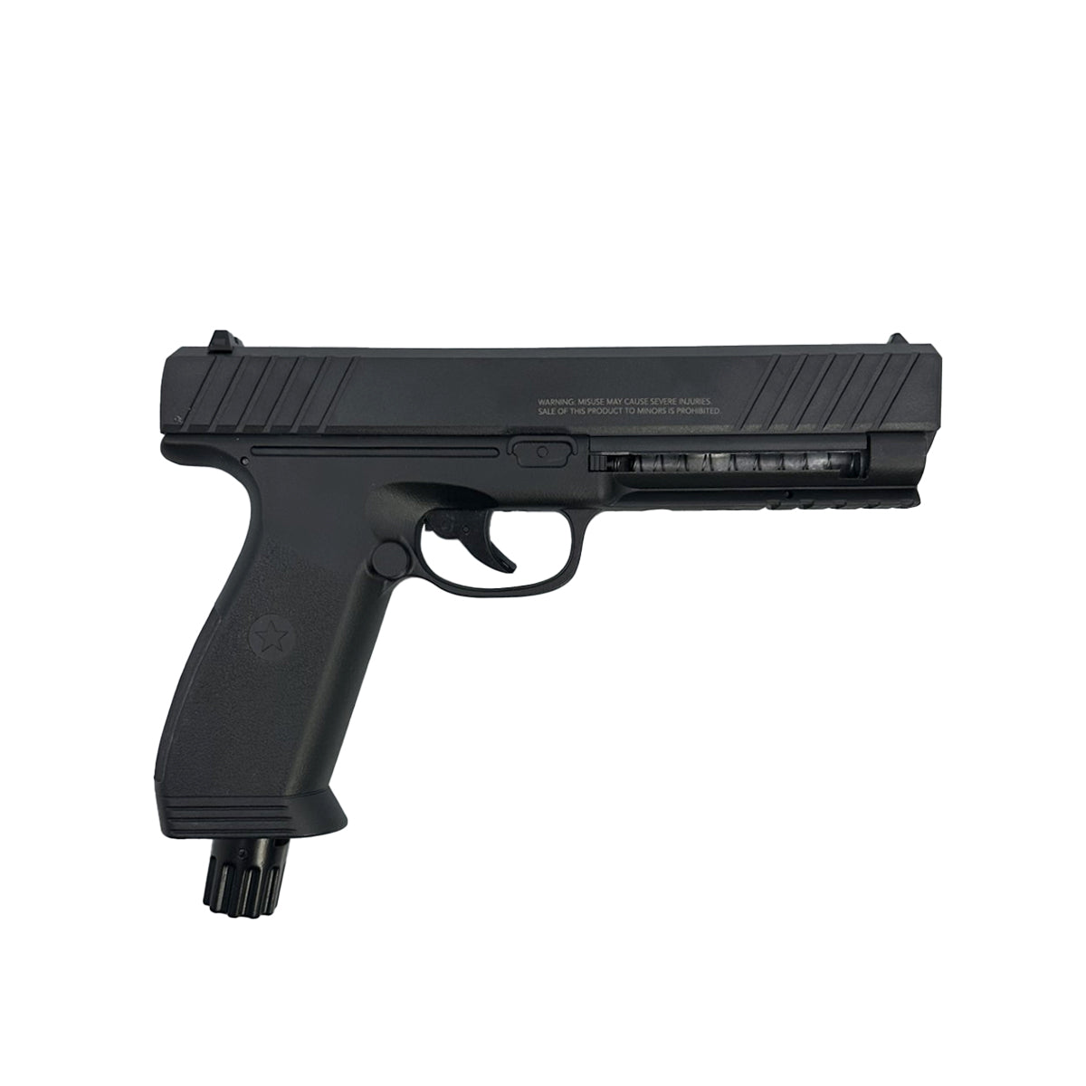 Streetwise “The HEAT” Pepper Launcher – semi-automatic .50 caliber pepper ball and projectile launcher powered by a 12g CO₂ cartridge; holds six rounds and fires pepper or rubber balls at nearly 500 ft/s for up to 60 ft range—includes Picatinny rail, safety trigger, and optional flashlight/laser accessories, in white background.