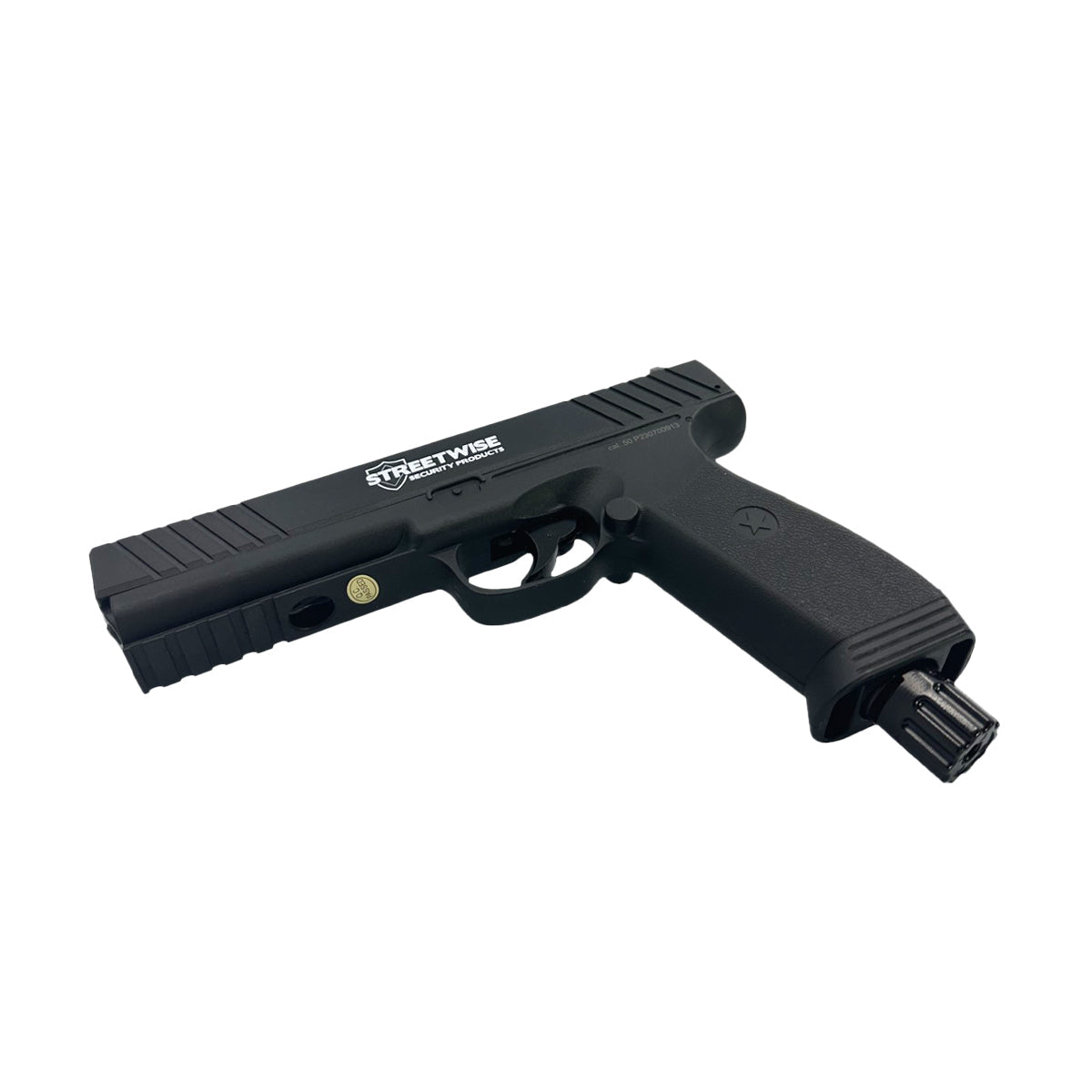 Streetwise “The HEAT” Pepper Launcher – semi-automatic .50 caliber pepper ball and projectile launcher powered by a 12g CO₂ cartridge; holds six rounds and fires pepper or rubber balls at nearly 500 ft/s for up to 60 ft range—includes Picatinny rail, safety trigger, and optional flashlight/laser accessories, in white background.