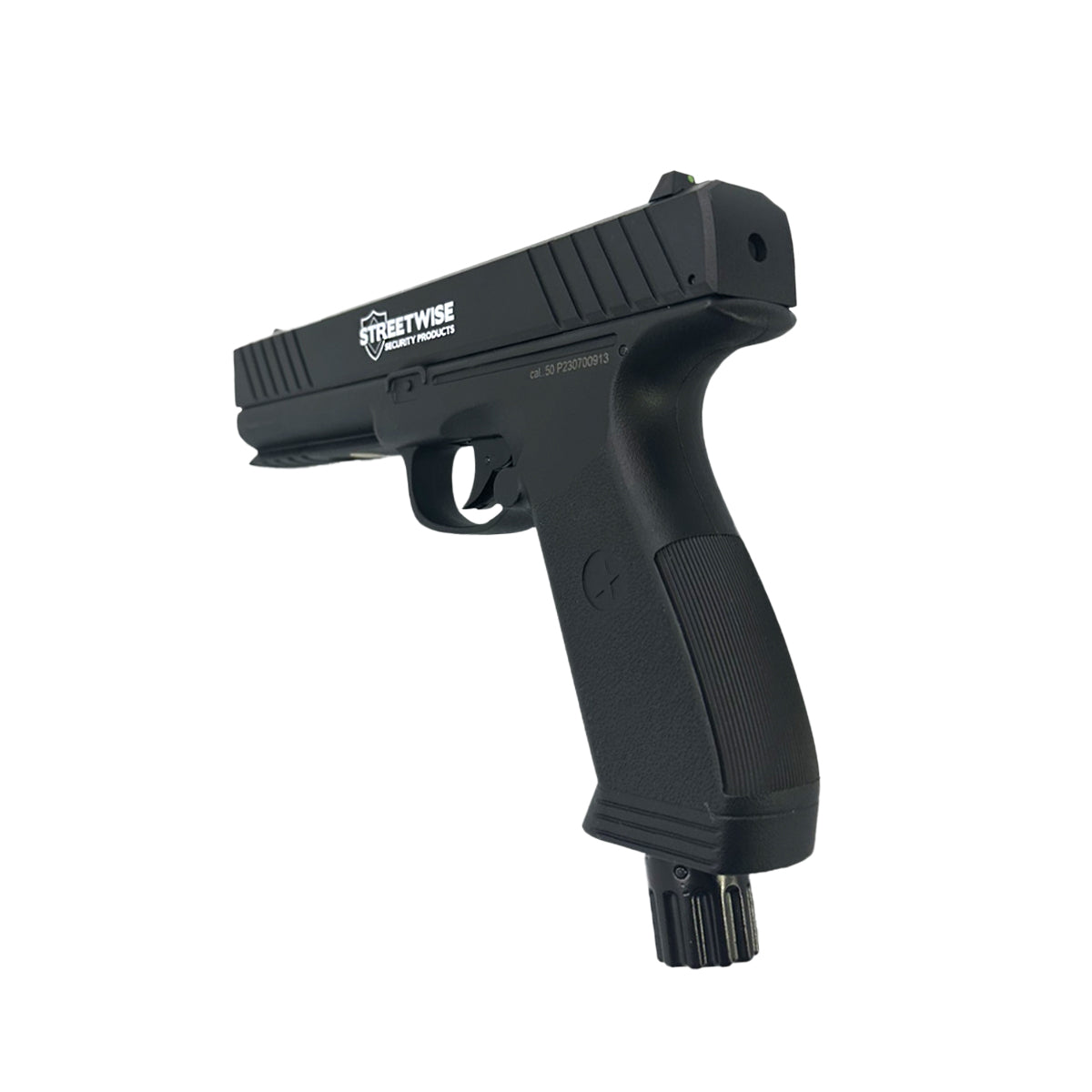 Streetwise “The HEAT” Pepper Launcher – semi-automatic .50 caliber pepper ball and projectile launcher powered by a 12g CO₂ cartridge; holds six rounds and fires pepper or rubber balls at nearly 500 ft/s for up to 60 ft range—includes Picatinny rail, safety trigger, and optional flashlight/laser accessories, in white background.