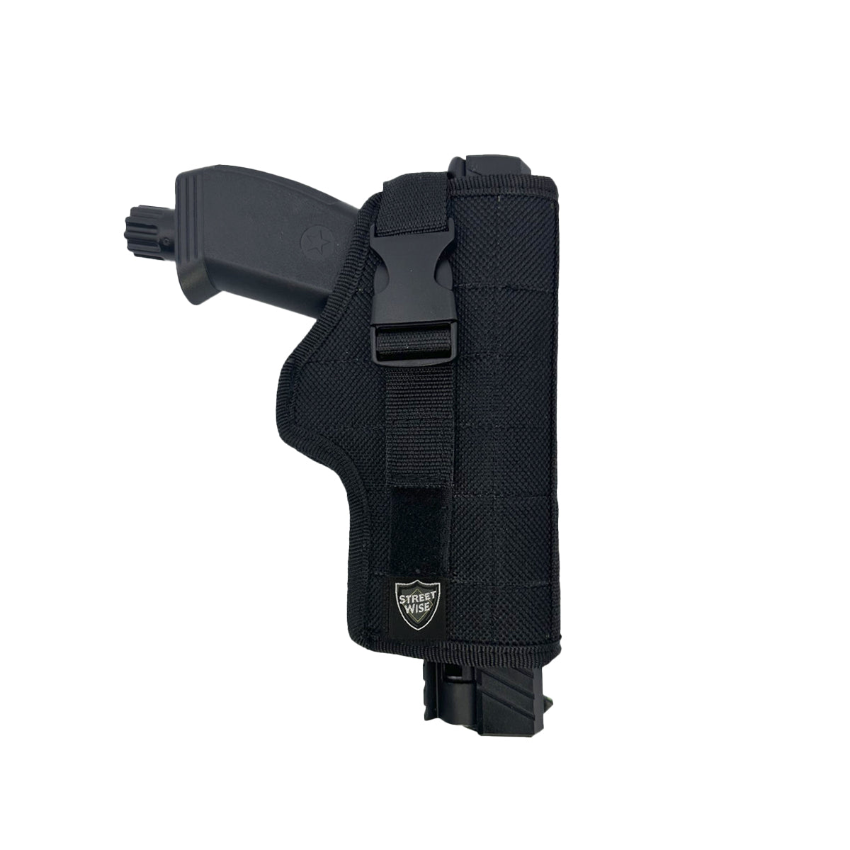 Streetwise “The HEAT” Pepper Launcher Heavy Duty Holster – rugged belt holster designed for the .50 caliber launcher, featuring adjustable retention straps, reinforced stitching, and an accessory pouch for spare CO₂ cartridges, in white background.