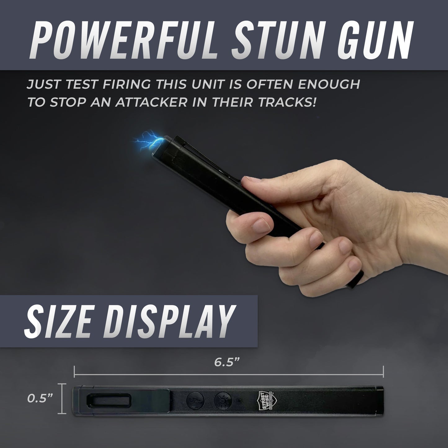 Features of Streetwise Hot Rod 50,000,000 Dual‑Light Stun Gun – pen‑sized rechargeable device combining a 50 million volt stun gun with a built‑in LED flashlight and COB flood light, featuring a safety switch, USB‑C charging, magnetic base, pocket clip, and compact auto‑safety design.