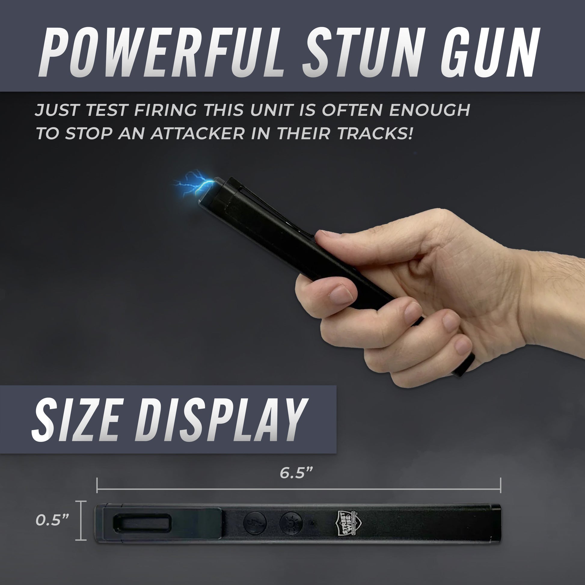 Features of Streetwise Hot Rod 50,000,000 Dual‑Light Stun Gun – pen‑sized rechargeable device combining a 50 million volt stun gun with a built‑in LED flashlight and COB flood light, featuring a safety switch, USB‑C charging, magnetic base, pocket clip, and compact auto‑safety design.