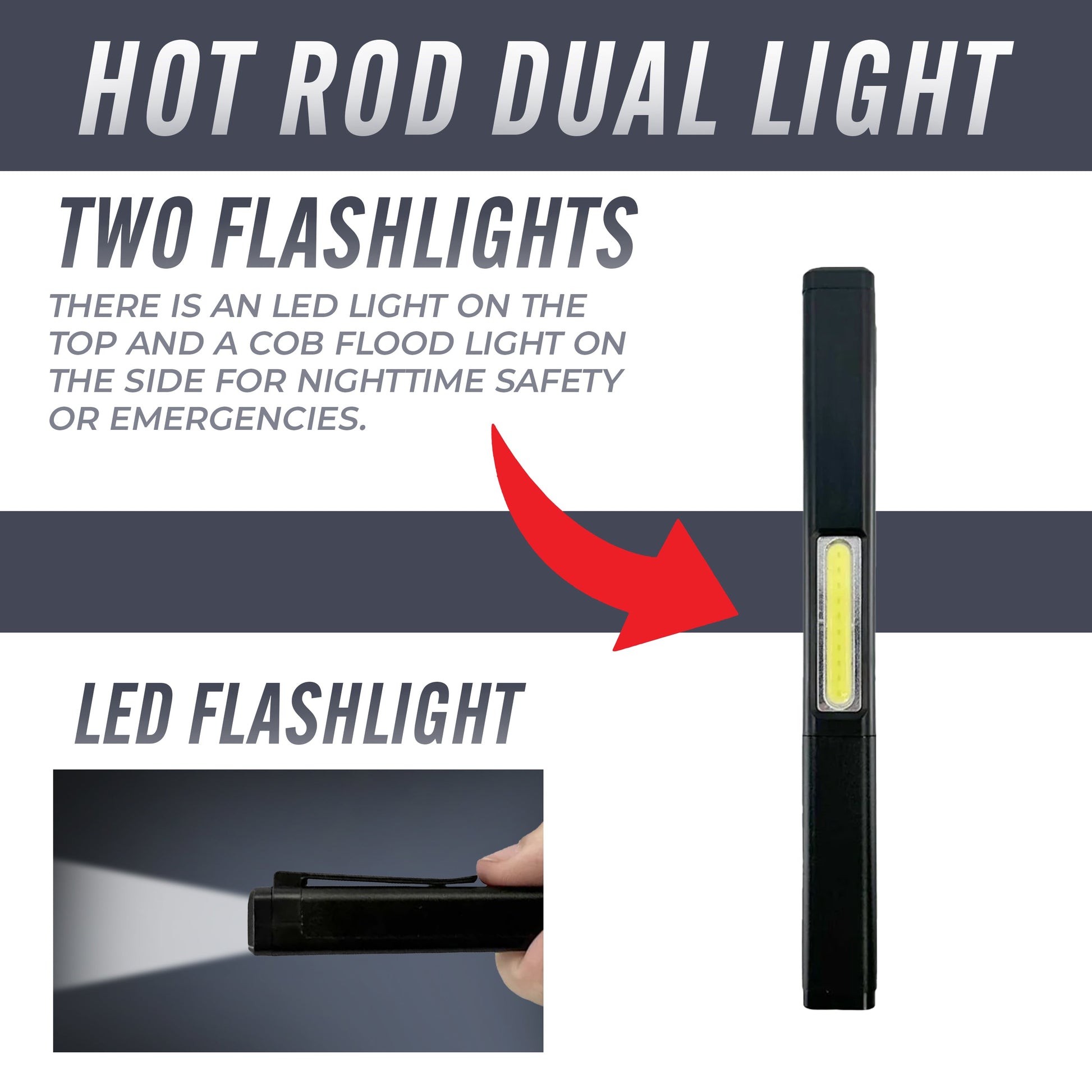 Features of Streetwise Hot Rod 50,000,000 Dual‑Light Stun Gun – pen‑sized rechargeable device combining a 50 million volt stun gun with a built‑in LED flashlight and COB flood light, featuring a safety switch, USB‑C charging, magnetic base, pocket clip, and compact auto‑safety design.