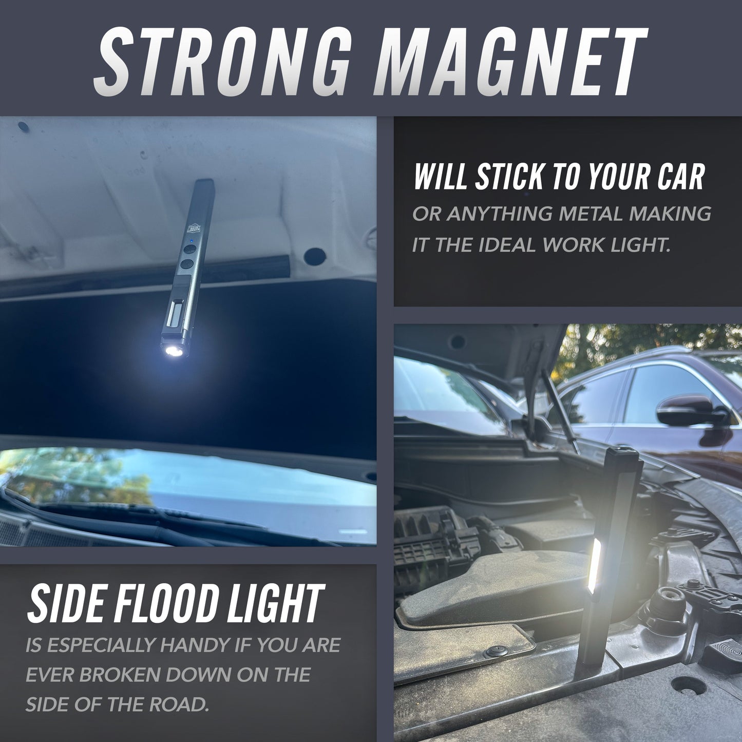 Features of Streetwise Hot Rod 50,000,000 Dual‑Light Stun Gun – pen‑sized rechargeable device combining a 50 million volt stun gun with a built‑in LED flashlight and COB flood light, featuring a safety switch, USB‑C charging, magnetic base, pocket clip, and compact auto‑safety design.