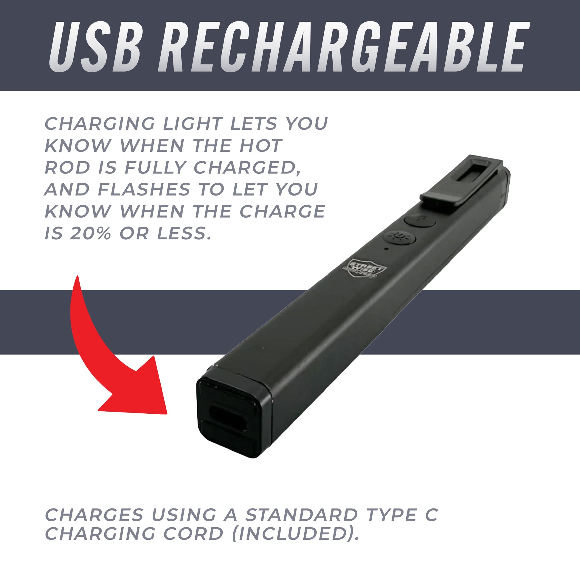 Features of Streetwise Hot Rod 50,000,000 Dual‑Light Stun Gun – pen‑sized rechargeable device combining a 50 million volt stun gun with a built‑in LED flashlight and COB flood light, featuring a safety switch, USB‑C charging, magnetic base, pocket clip, and compact auto‑safety design, in white background.