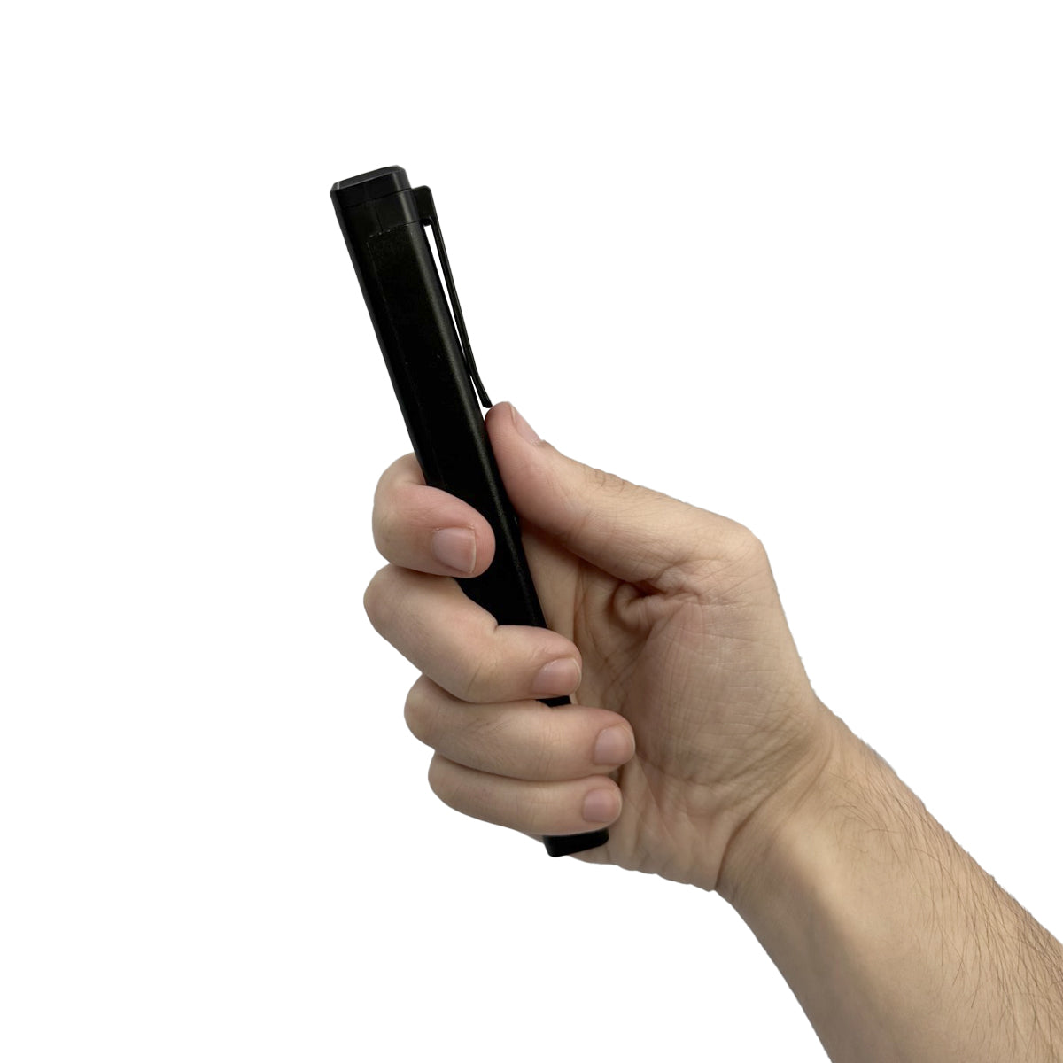 Someone holding Streetwise Hot Rod 50,000,000 Dual‑Light Stun Gun – pen‑sized rechargeable device combining a 50 million volt stun gun with a built‑in LED flashlight and COB flood light, featuring a safety switch, USB‑C charging, magnetic base, pocket clip, and compact auto‑safety design, in white background.